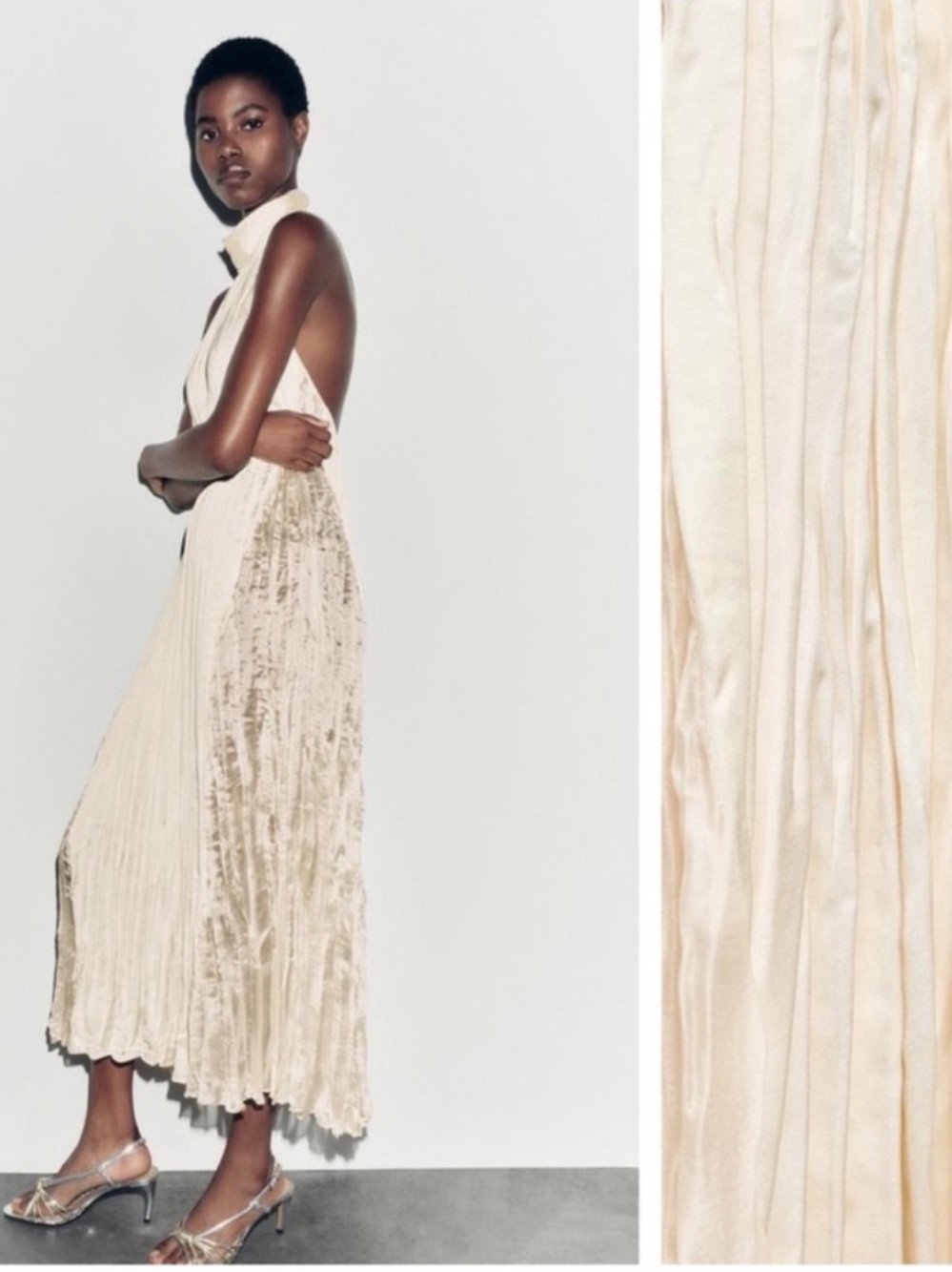 Zara Cream Pleated Maxi Dress - Sleeveless High Neck